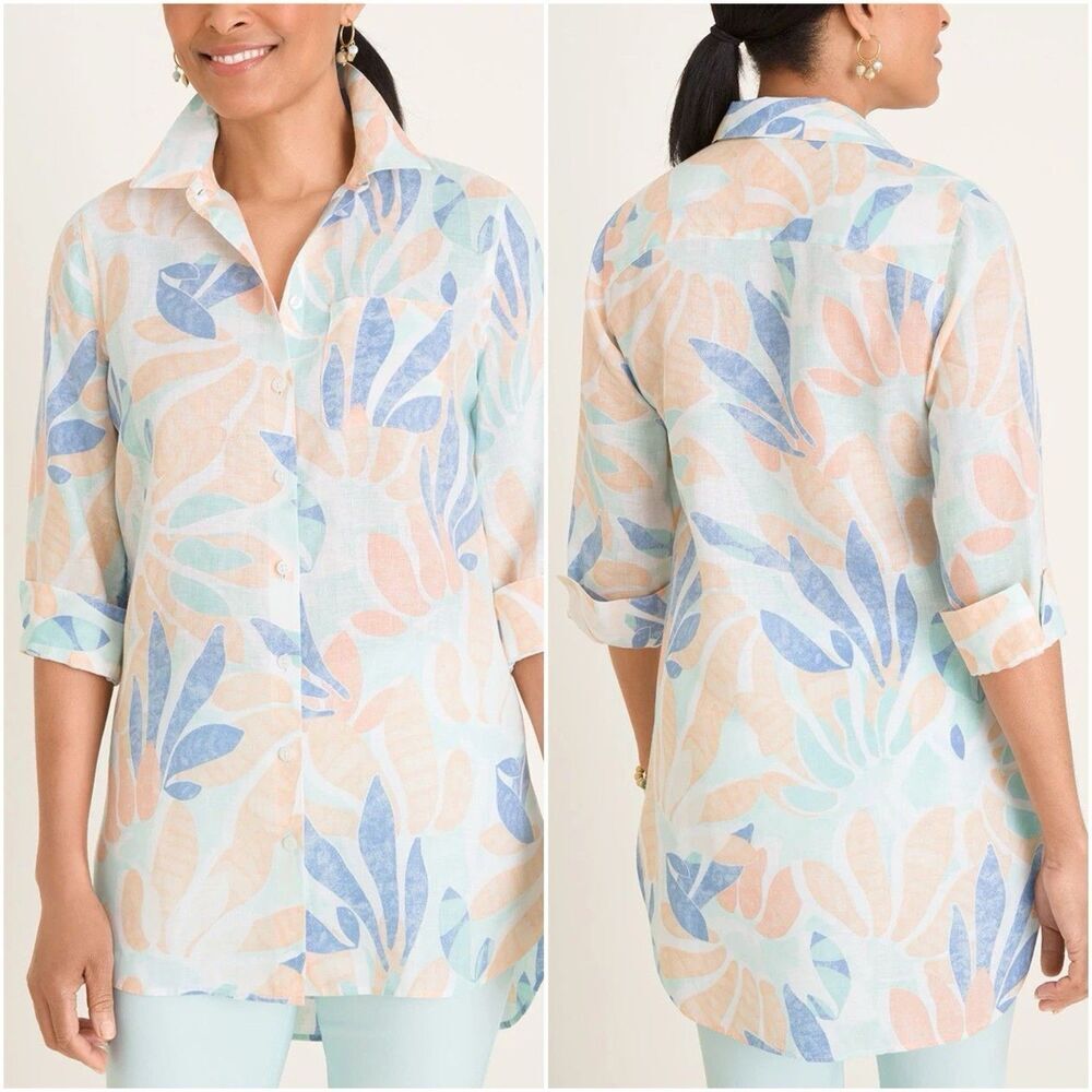 Chicos No Iron Linen Multi Colored Printed Shirttail Hem Tunic Size 2 Large